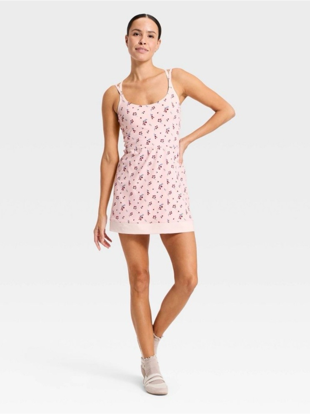 Women’s All In Motion Pink White Floral Strappy Activewear Built in Shorts Dress